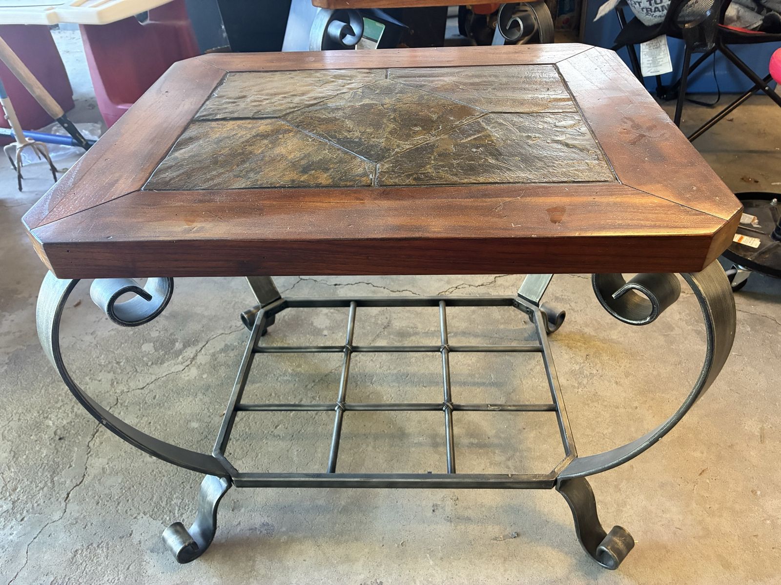 Pair of Rustic Slate Tile & Wrought Iron End Tables - Wood Frame, Grid Shelf, Tuscan Style