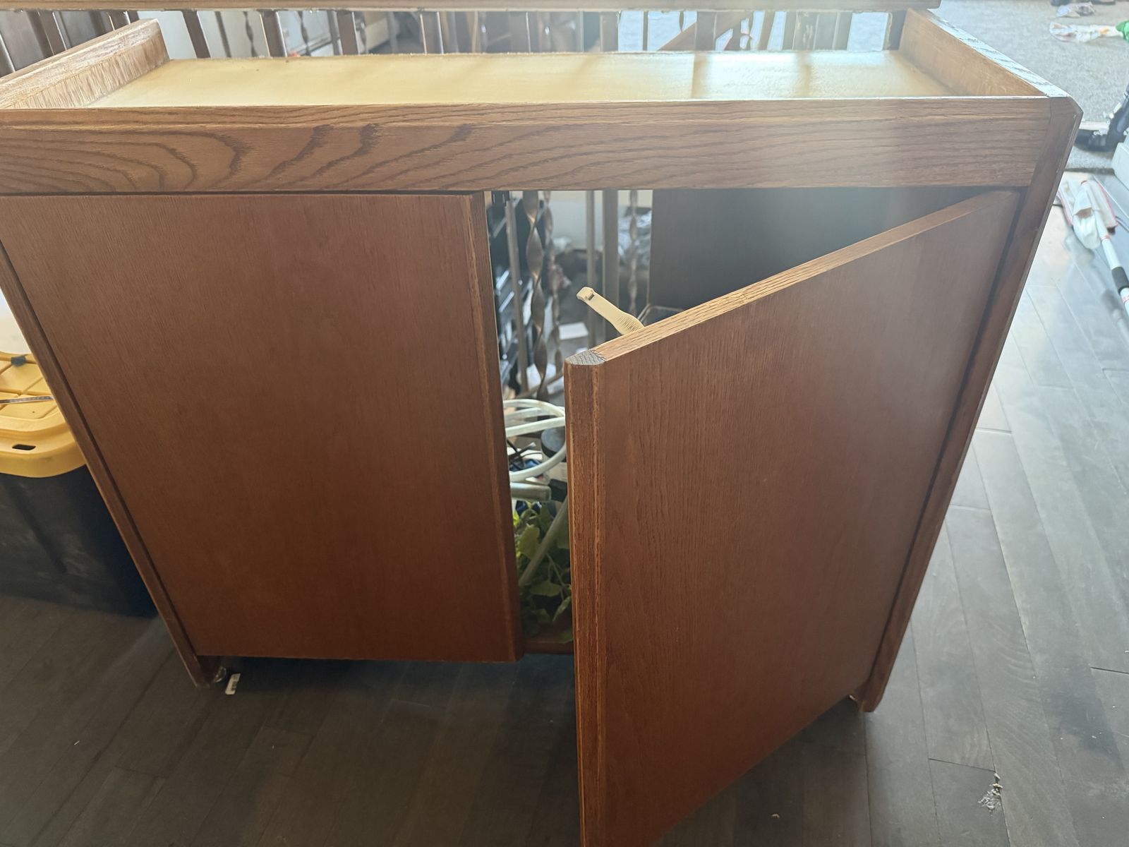 Wooden Aquarium Stand, Heaters, filtration system, and Decorations- fish supplies