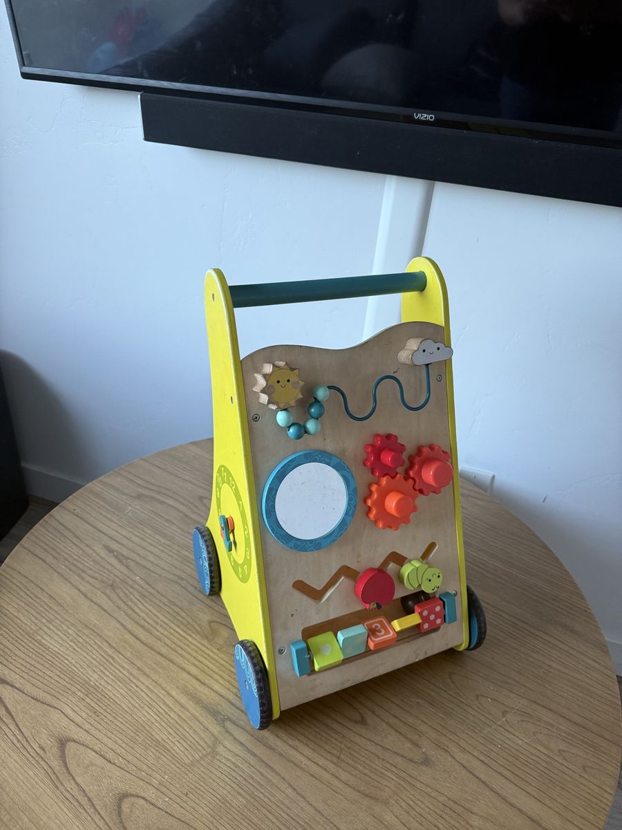 Wooden Baby Activity Walker Push Toy with Gears, Beads, Mirror - Early Learning Fun