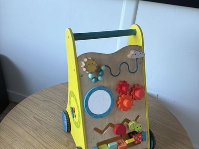 Wooden Baby Activity Walker Push Toy with Gears, Beads, Mirror - Early Learning Fun