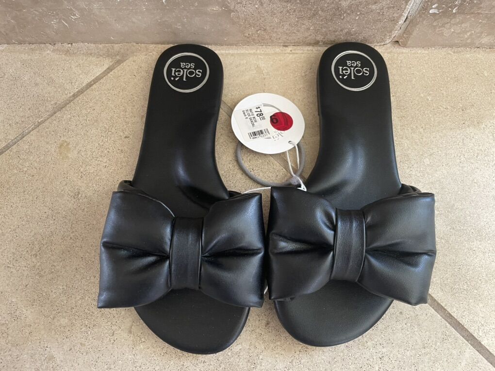 New Solei Sea Black Slide Sandals W/ Bow Sz 6
