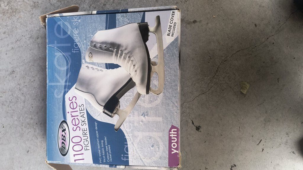 size 3 DBX 1100 Series Youth Figure Skates - White with Blade Covers, Water-Resistant PVC Upper