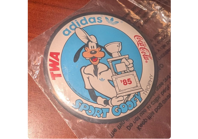 Vintage 80s 1985 Disney The Sport Goofy Trophy TWA Adidas Coca Cola Button Pin