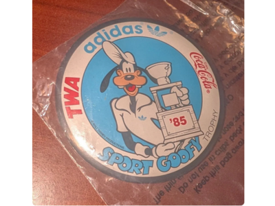 Vintage 80s 1985 Disney The Sport Goofy Trophy TWA Adidas Coca Cola Button Pin