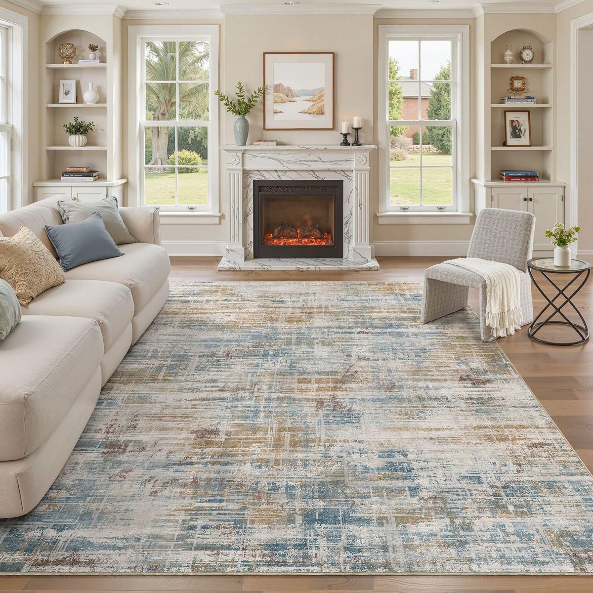 NEW 10x12 Area Rug for Living Room: Washable Modern Neutral Abstract Large Low Pile, Beige and Blue