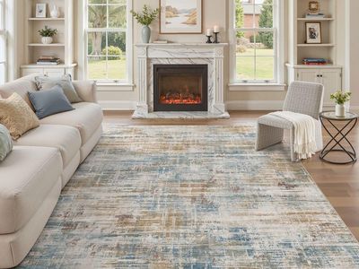 NEW 10x12 Area Rug for Living Room: Washable Modern Neutral Abstract Large Low Pile, Beige and Blue
