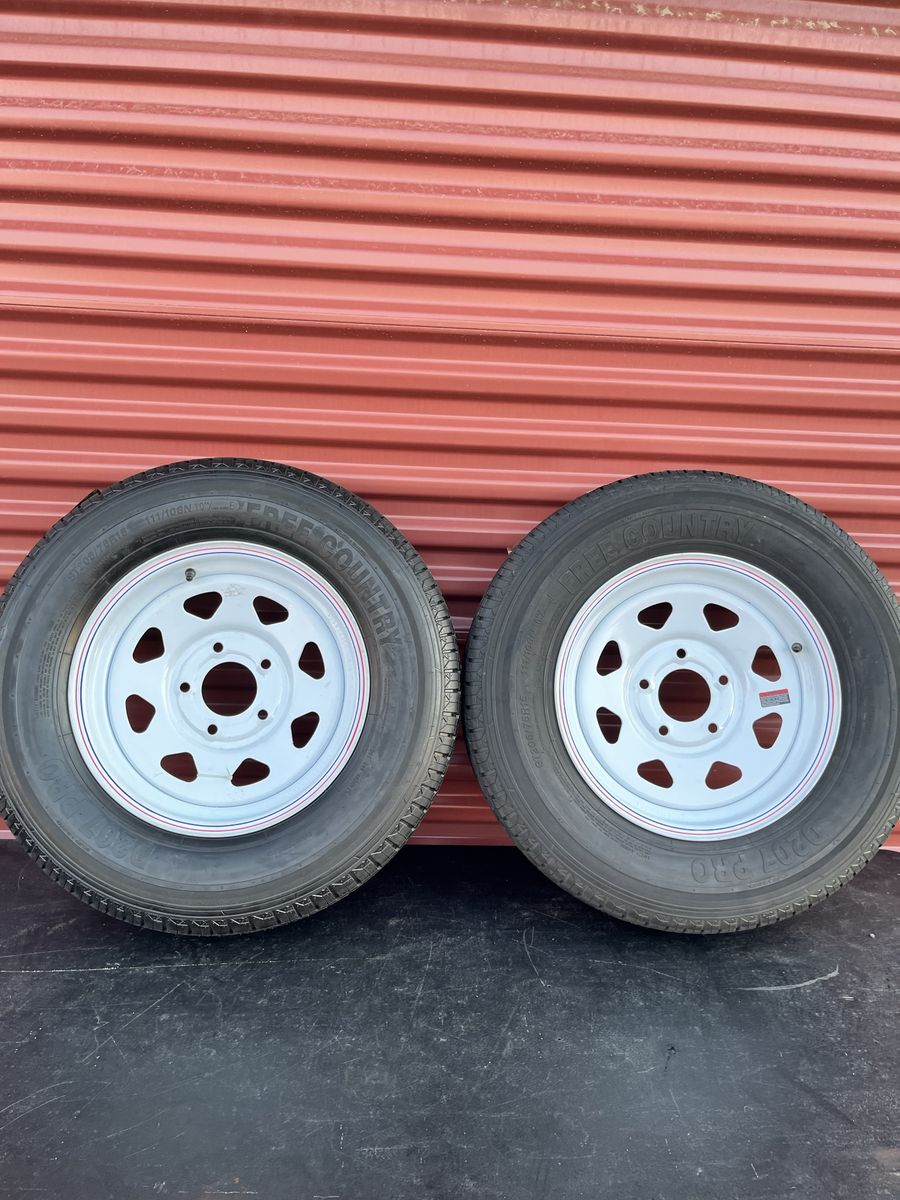 Set of 2 Free Country ST 205/75 R 15 Trailer Tires Mounted on New White Spoke Wheels 10 ply E load 5 on 4.5 Brand New