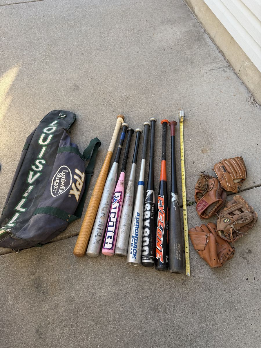 Louisville Slugger Bat Bag & 8 Baseball/Softball Bats (Easton, Adirondack, X Bat, Bionic) & Gloves