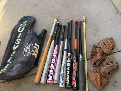 Louisville Slugger Bat Bag & 8 Baseball/Softball Bats (Easton, Adirondack, X Bat, Bionic) & Gloves