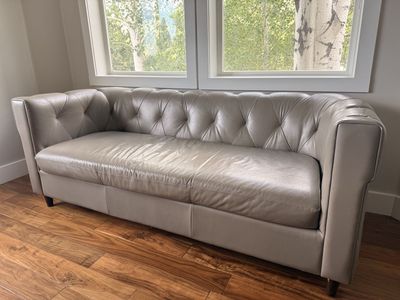 Grey Leather Tufted Sofa - Classic Chesterfield Style