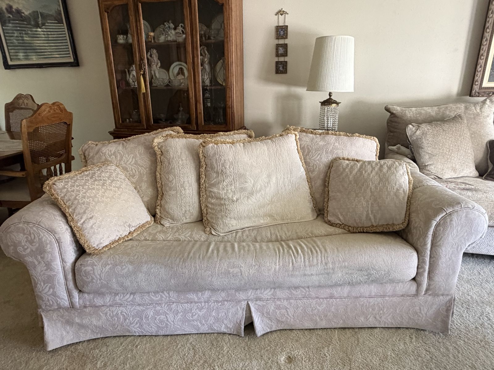 Vintage Beige Damask Pattern Sleeper Sofa with Fringe Throw Pillows