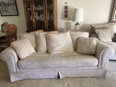 Vintage Beige Damask Pattern Sleeper Sofa with Fringe Throw Pillows