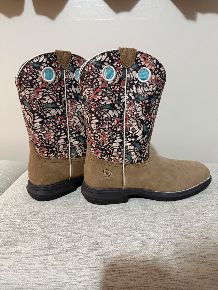 Ariat Women's Western Boots Tan Suede Butterfly Print Square Toe Size 11