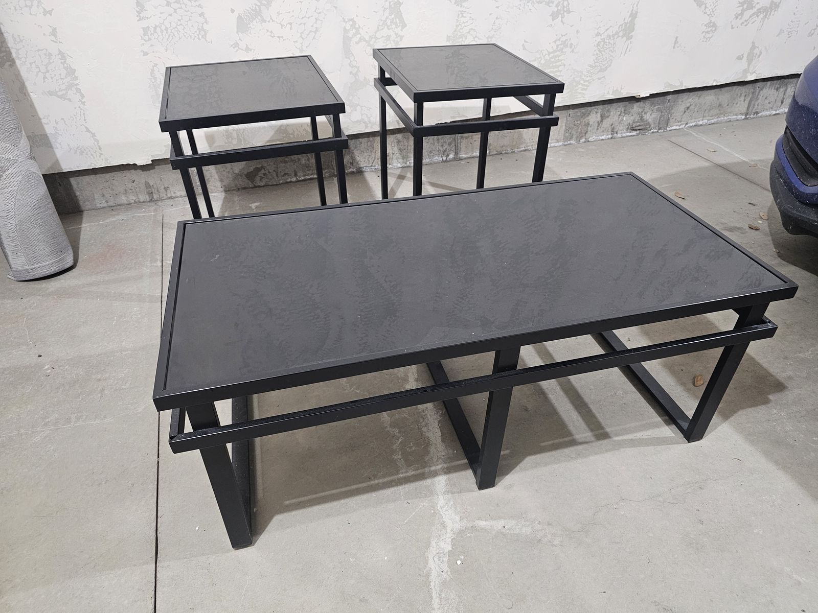 3-Piece Modern Black Metal & Tinted Glass Table Set - Coffee Table & 2 End Tables
