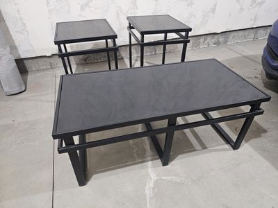 3-Piece Modern Black Metal & Tinted Glass Table Set - Coffee Table & 2 End Tables
