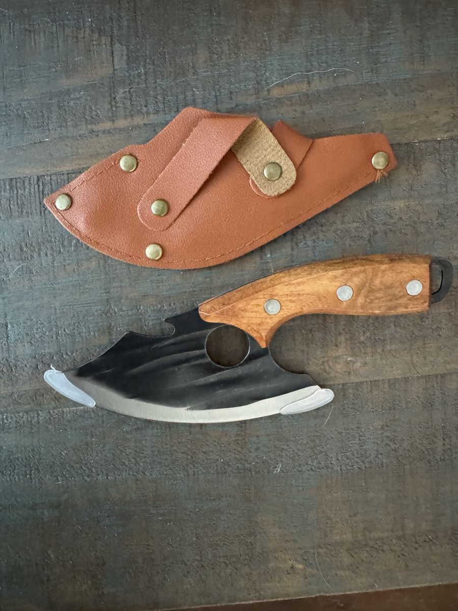 Custom Hand Forged Mini Cleaver Knife with Wooden Handle and Leather Sheath
