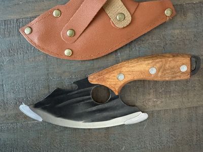 Custom Hand Forged Mini Cleaver Knife with Wooden Handle and Leather Sheath