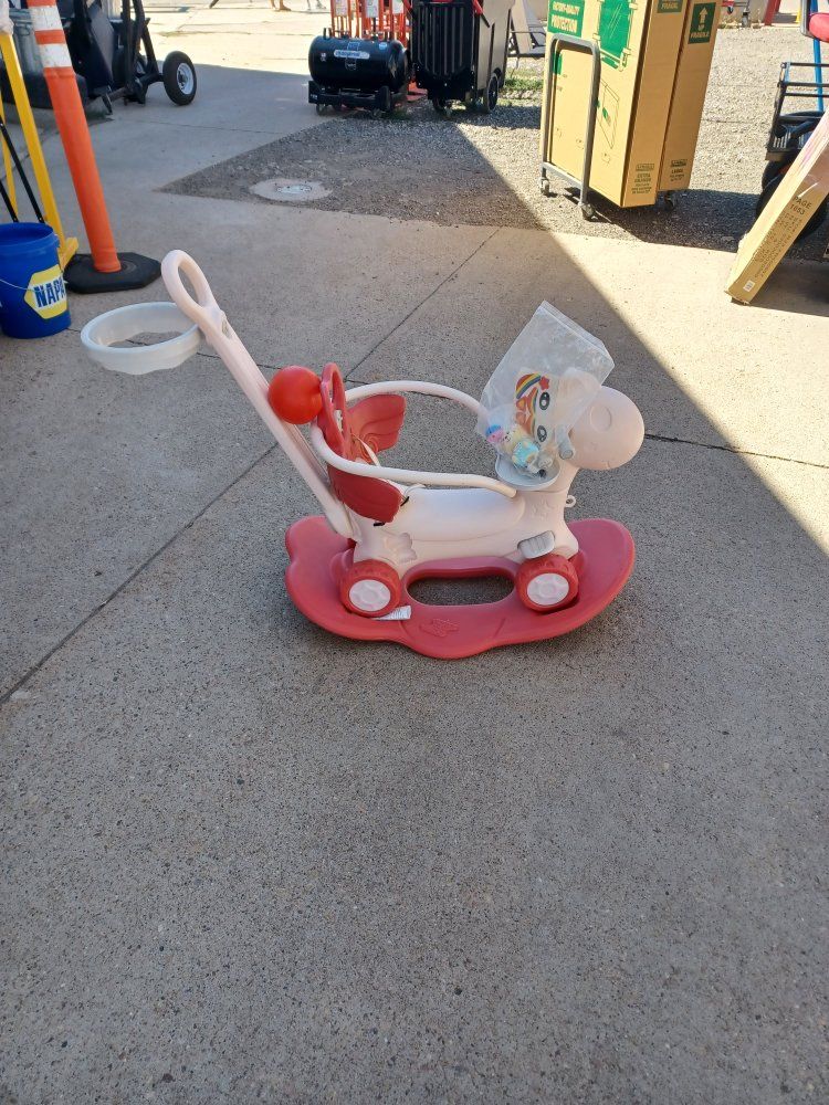 Pink and White Toddler Rocking Horse Push Ride-On Toy with Handle