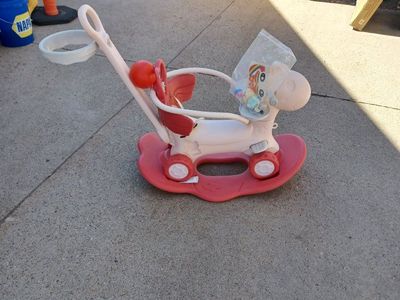 Pink and White Toddler Rocking Horse Push Ride-On Toy with Handle