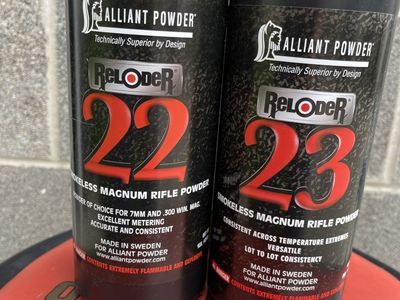 Alliant Powder Reloder 22 and Reloder 23 Smokeless Magnum Rifle Powder.