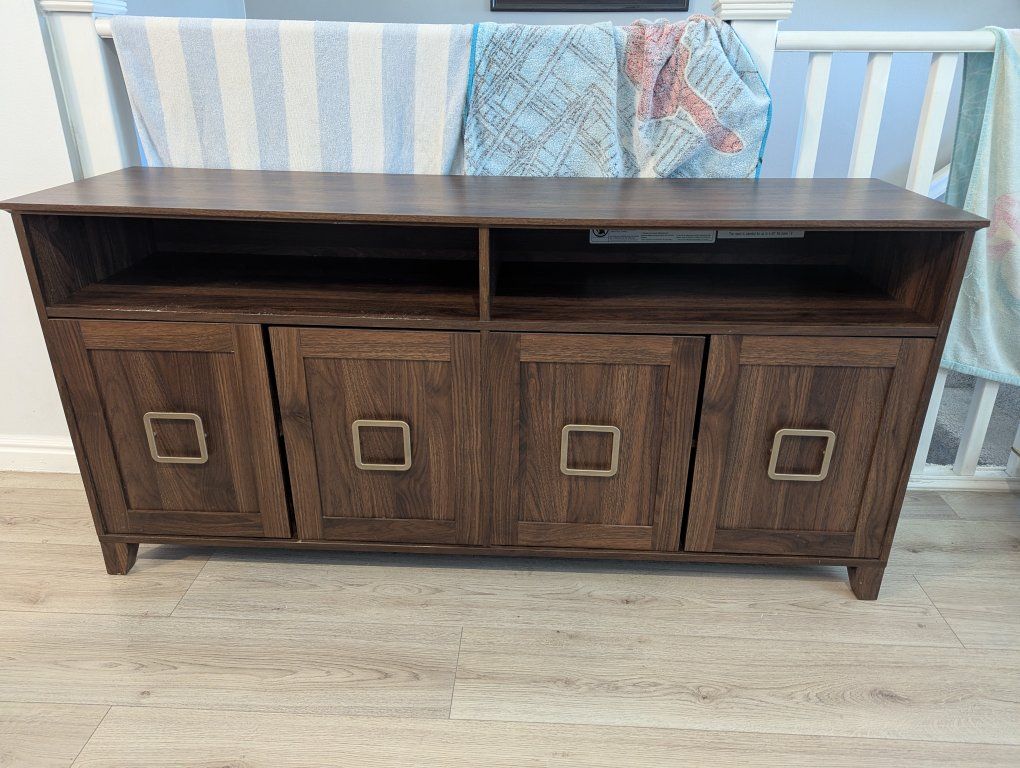 Dark Wood Media Console TV Stand with Storage Cabinet and Shelves