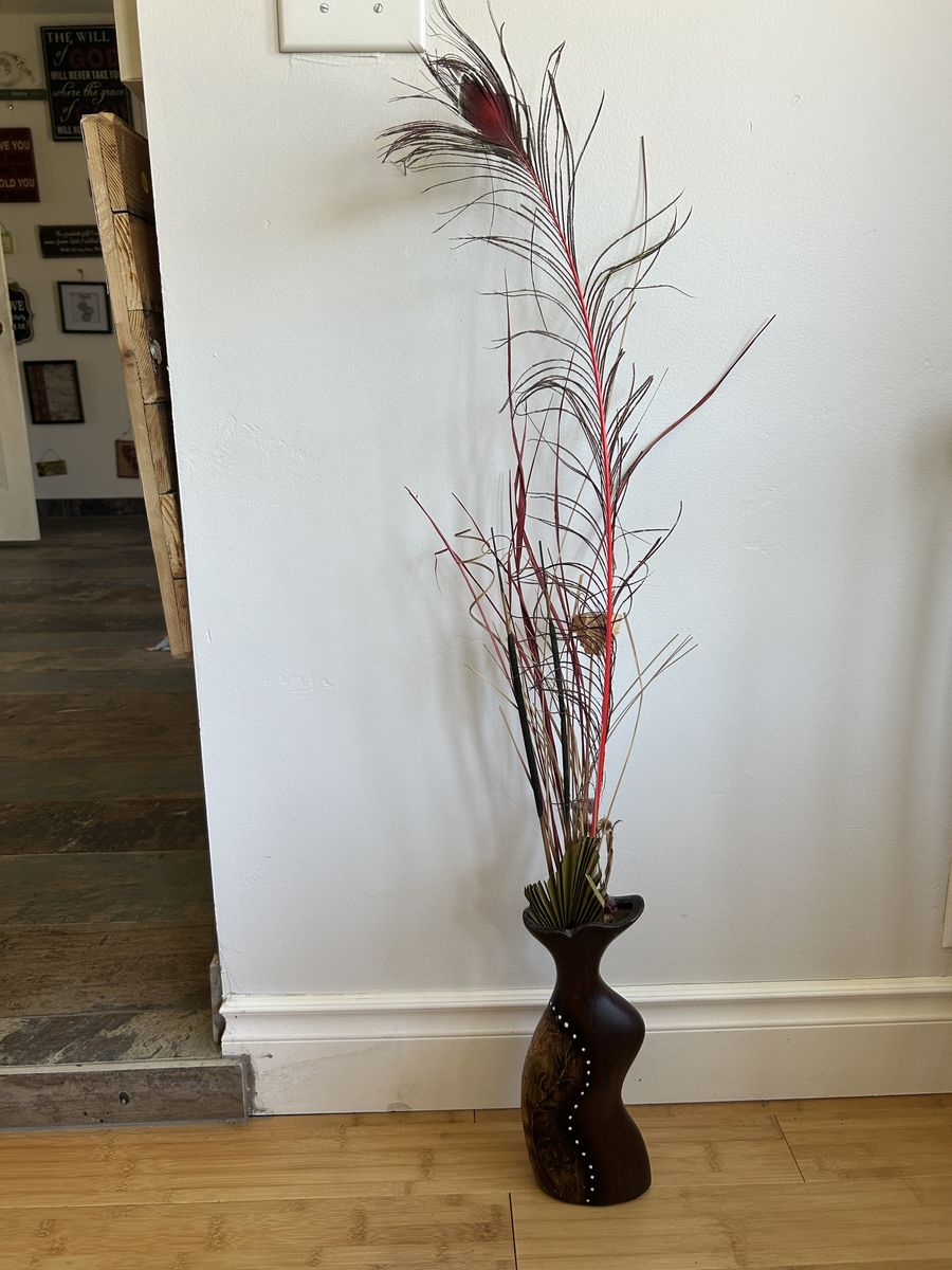 Handcrafted Style Decorative Wood Vase with Dried Floral Arrangement