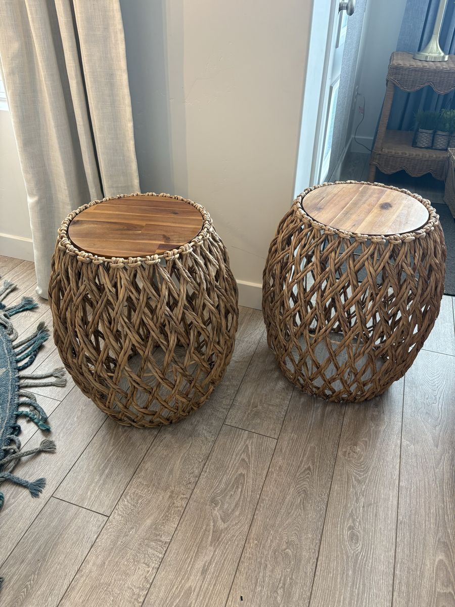 Set of 2 Woven Rattan and Wood Top Barrel Accent Stools / Side Tables