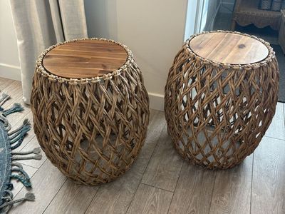 Set of 2 Woven Rattan and Wood Top Barrel Accent Stools / Side Tables