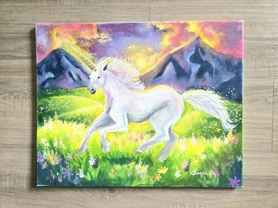 Hand-Painted Unicorn Canvas Art - Fantasy Landscape Painting