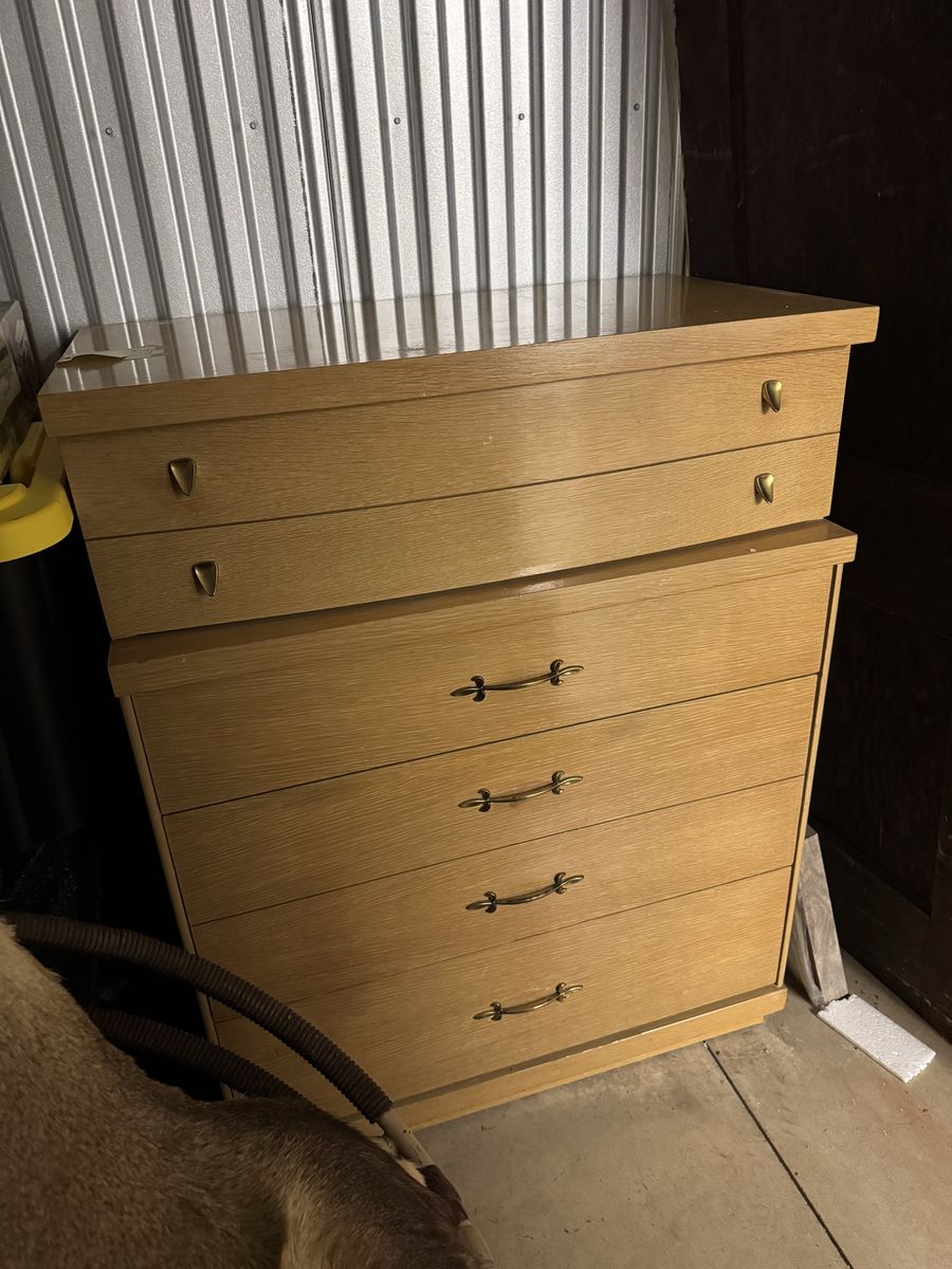 Vintage Mid-Century Light Oak Wooden Dresser with mirror and Chest of Drawers