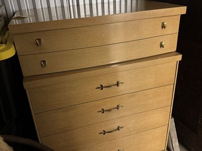Vintage Mid-Century Light Oak Wooden Dresser with mirror and Chest of Drawers