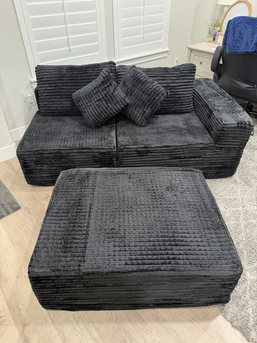 Boneless Black corduroy couch with ottoman 