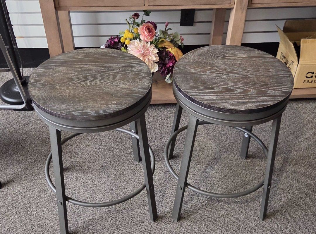 Set of 2 JCSD Swivel Counter Stools - Dark Gray Metal & Wood Brand New 