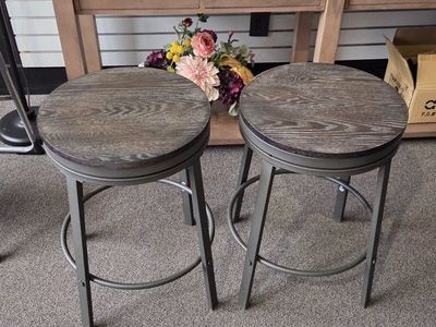 Set of 2 JCSD Swivel Counter Stools - Dark Gray Metal & Wood Brand New