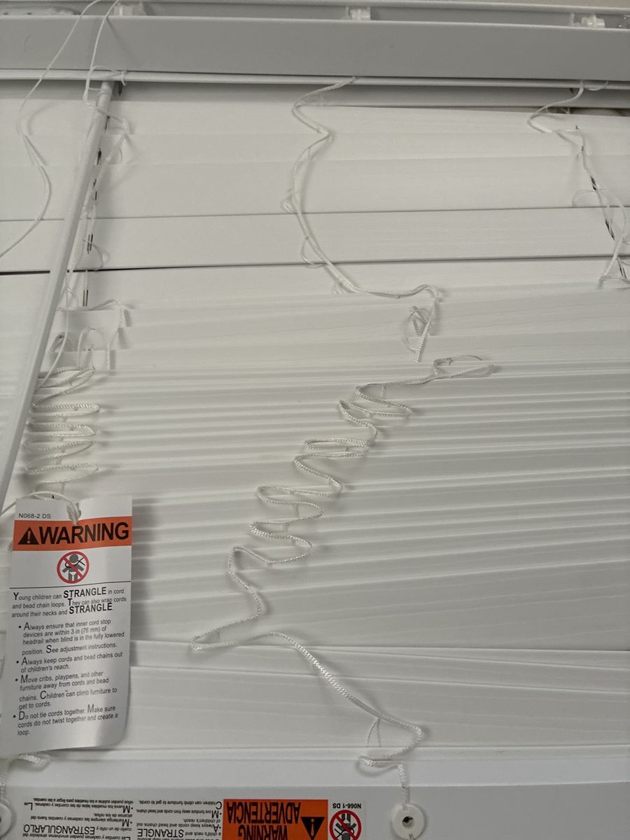 White Corded Horizontal Window Blinds with Safety Warning - New Open Box