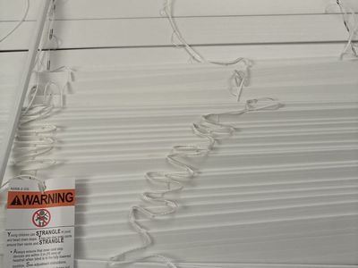 White Corded Horizontal Window Blinds with Safety Warning - New Open Box