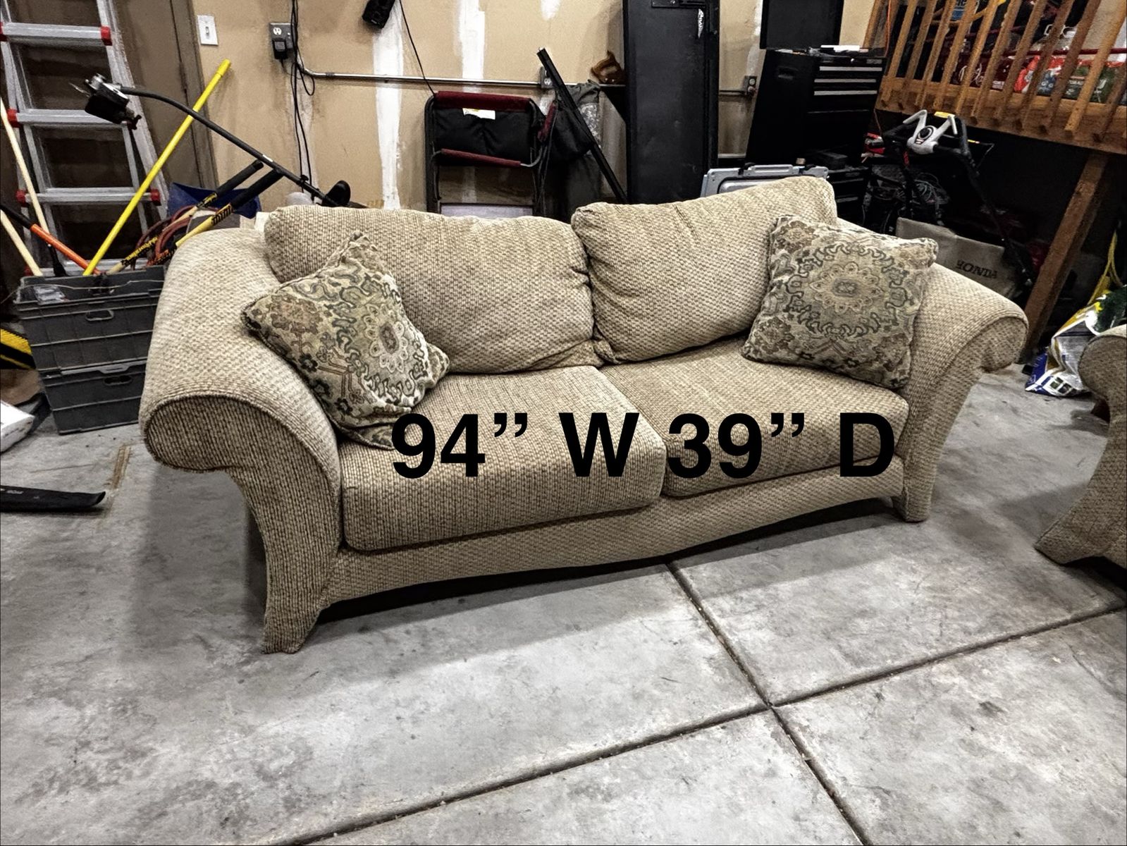 Tan Textured Fabric Sofa and Loveseat Set with Accent Pillows
