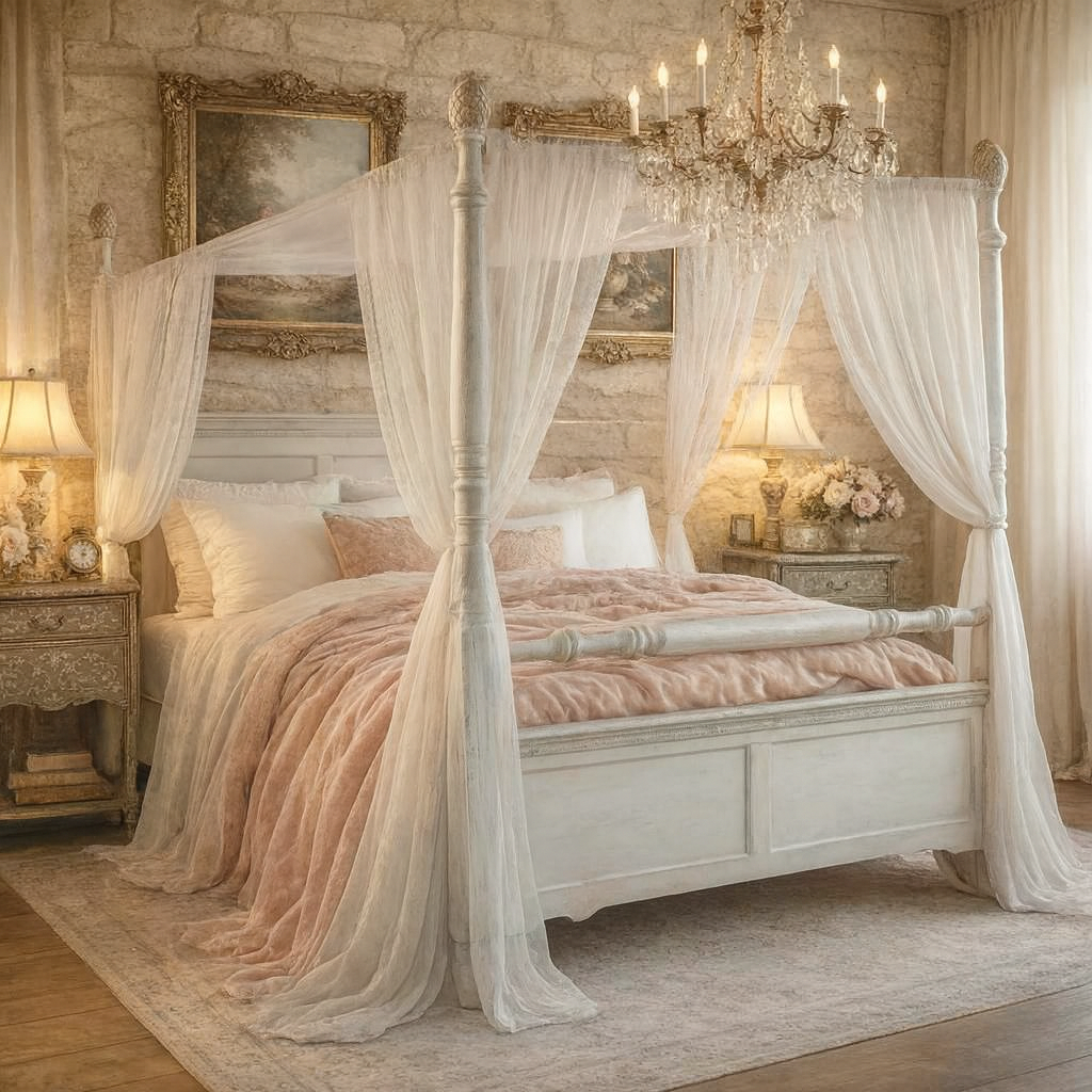 Cottagecore Queen 4 Poster Bed Frame Shabby Chic White French Country Farmhouse