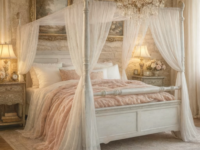 Cottagecore Queen 4 Poster Bed Frame Shabby Chic White French Country Farmhouse