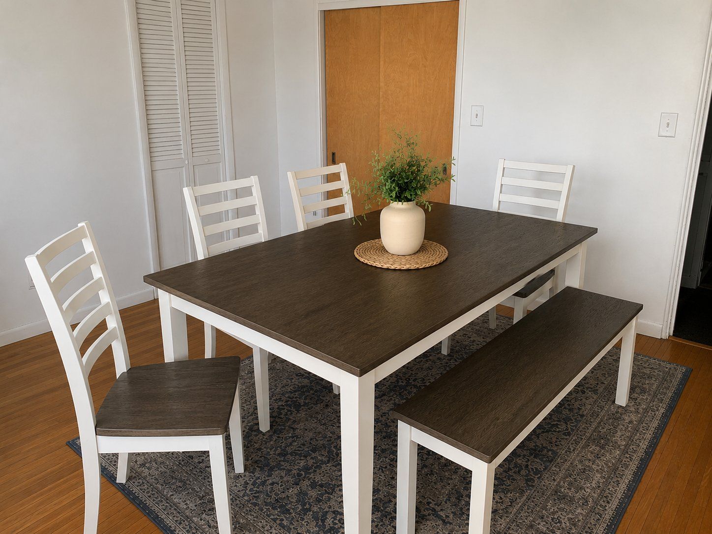 Dining Table Set: Dark Wood Table, Bench, 3 White Ladderback Chairs - 5-Piece Seating