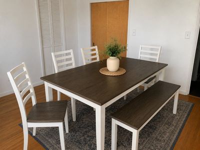 Dining Table Set: Dark Wood Table, Bench, 3 White Ladderback Chairs - 5-Piece Seating
