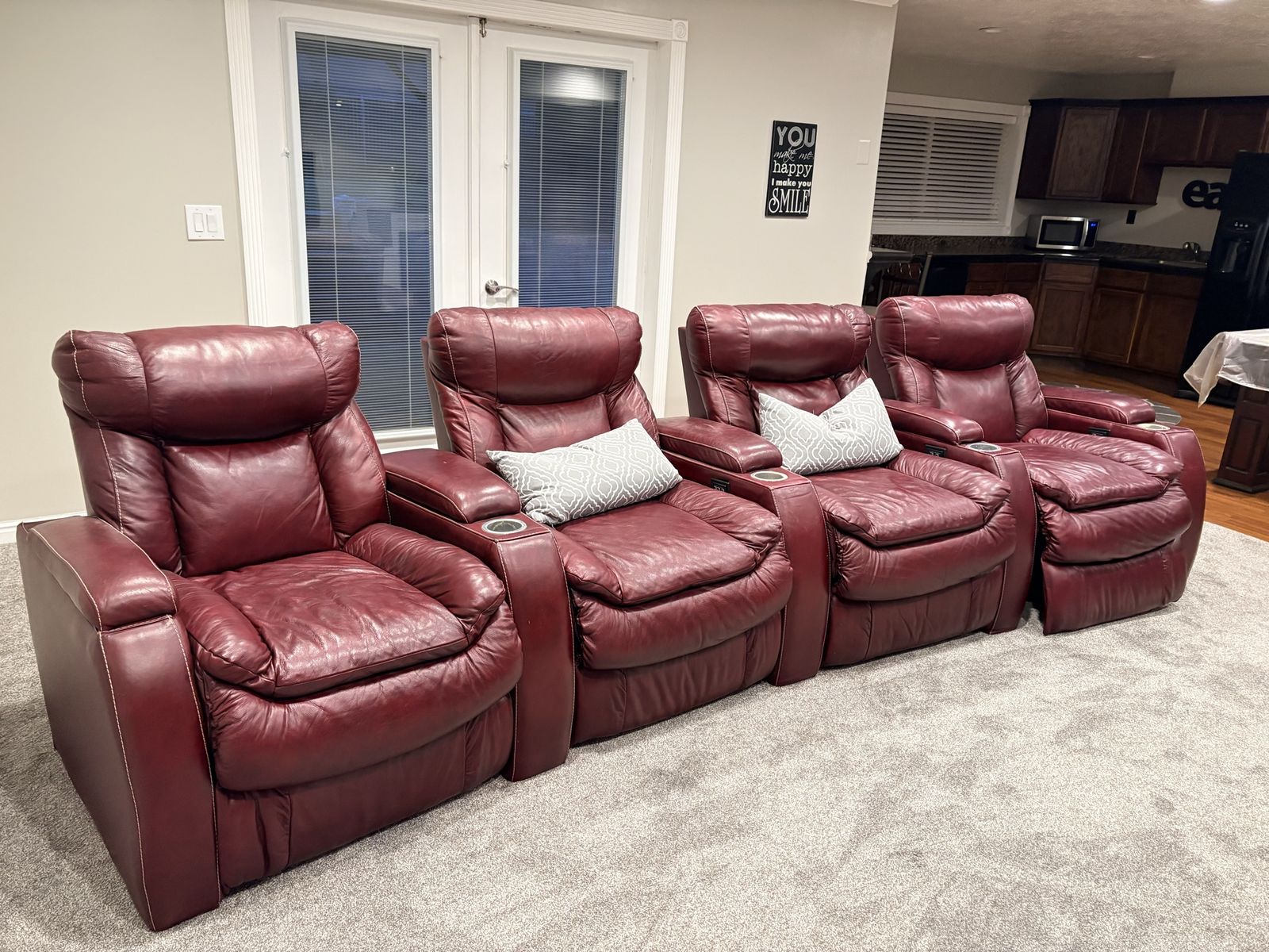 Red Leather Reclining Home Theater Seating - 4 Seat Row with Cupholders