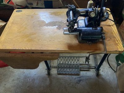 Vintage Industrial Blind Stitch Machine with Wood Table and Foot Pedal - Heavy Duty