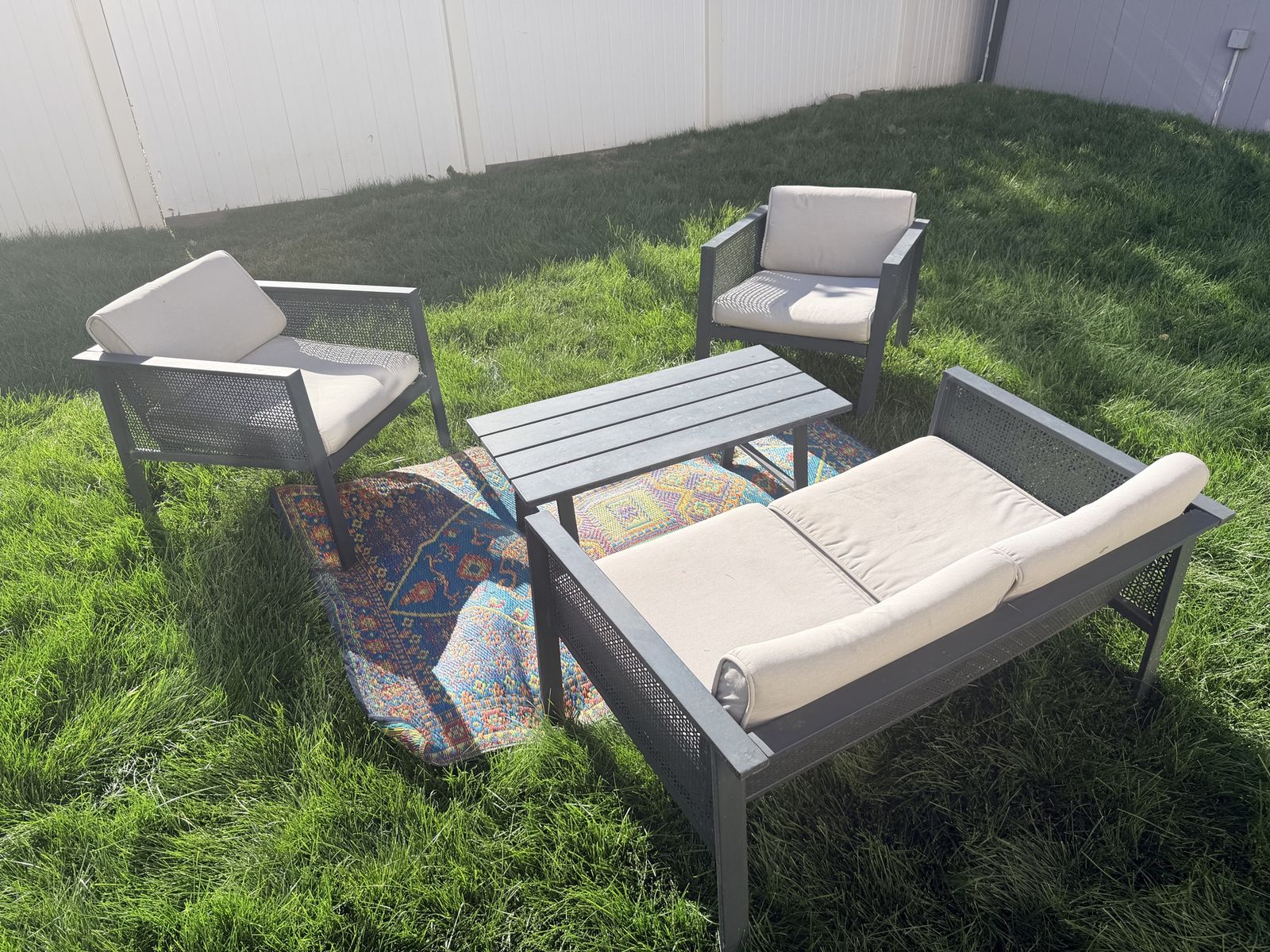 Modern Metal Outdoor Patio Conversation Set with Sofa, 2 Chairs, and Table