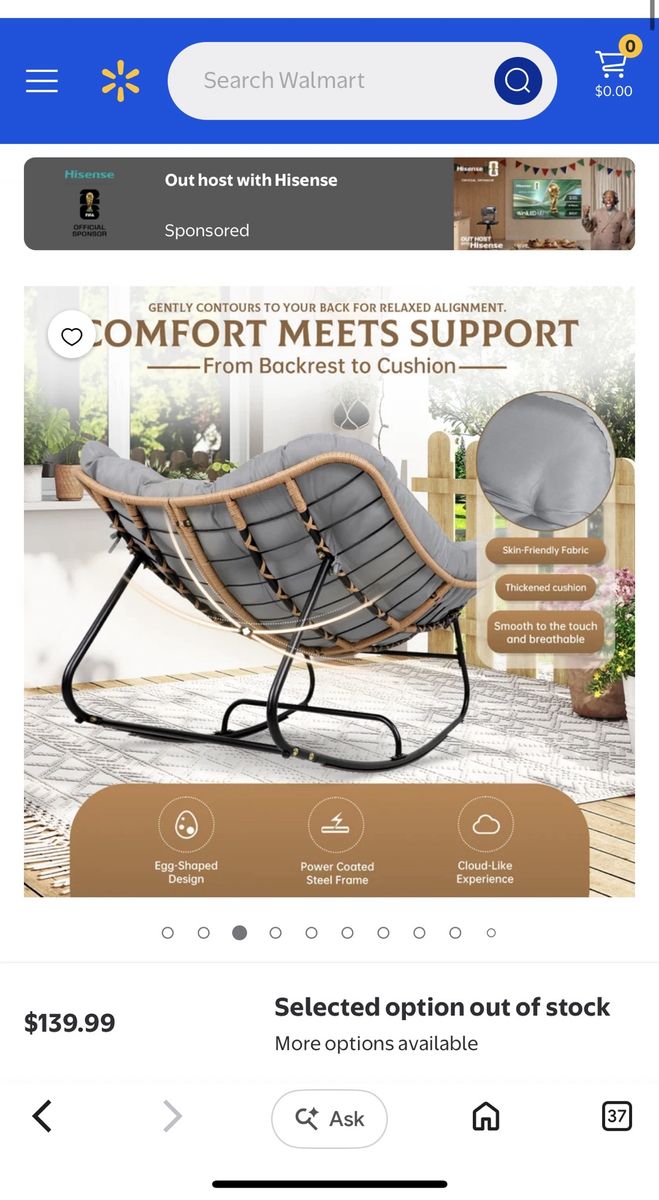 Unbranded Egg-Shaped Rocking Chair with Gray Cushions - Power Coated Steel Frame, Handwoven PE Rattan
