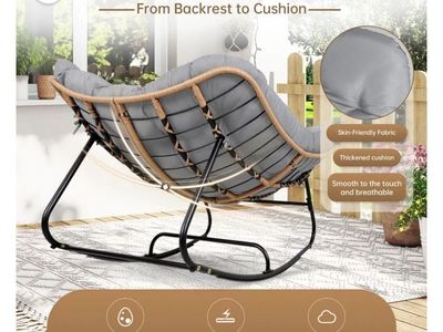 Unbranded Egg-Shaped Rocking Chair with Gray Cushions - Power Coated Steel Frame, Handwoven PE Rattan