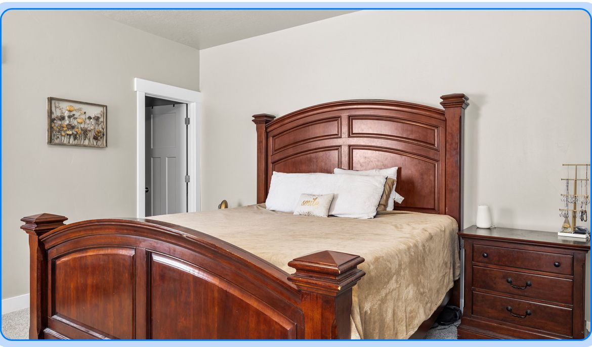 Bedroom Set: Dark Wood Arched King Bed Frame, Dresser & Mirror, Nightstand, and Armoire