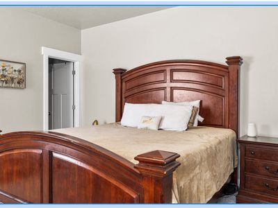 Bedroom Set: Dark Wood Arched King Bed Frame, Dresser & Mirror, Nightstand, and Armoire