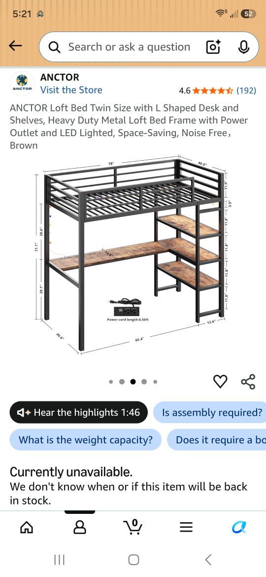 ANCTOR Twin Size Loft Bed with L-Shaped Desk & Shelves, Metal Frame, Power Outlet, LED Lighting, Brown