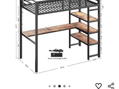 ANCTOR Twin Size Loft Bed with L-Shaped Desk & Shelves, Metal Frame, Power Outlet, LED Lighting, Brown